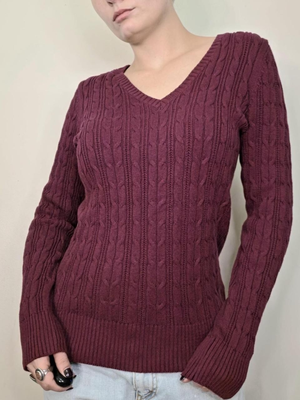 90s Vintage burgundy cable knit sweater Size M Cozy - Picture 3 of 7